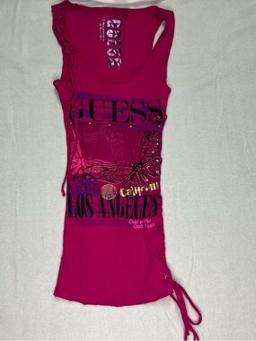GUESS Pink Butterfly Graphic Ribbed Tank Y2K Lace Up Rhinestone LA XS Barbiecore